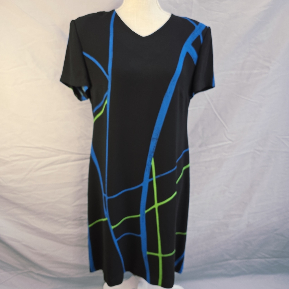 Liz Claiborne Midi Length Black Dress Green and Blue Accents Size 12